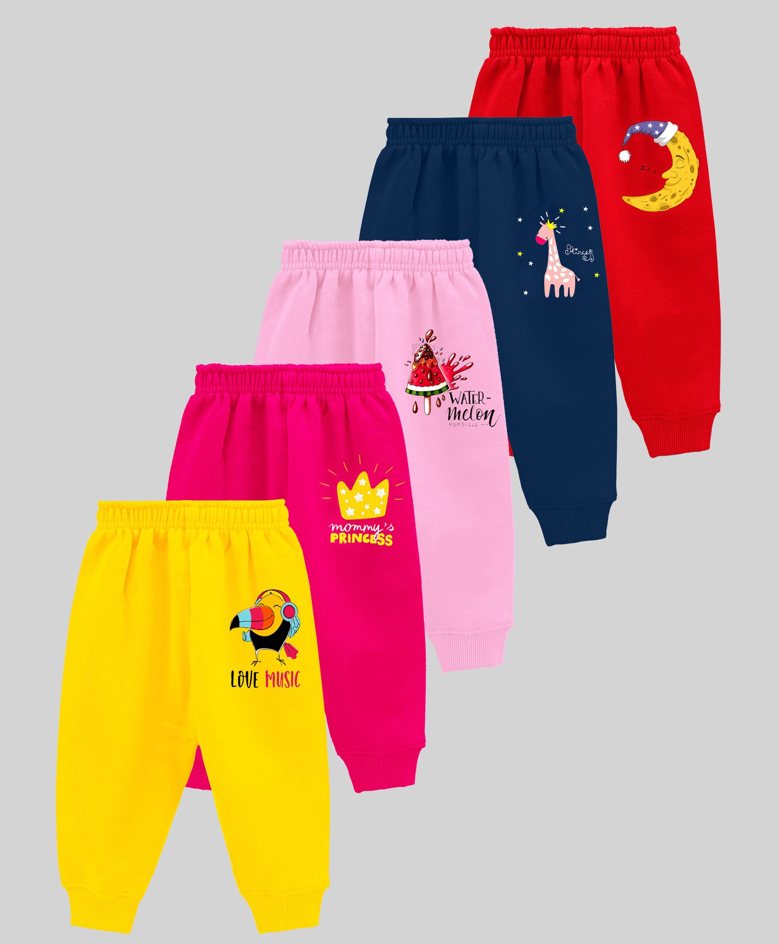 KUCHIPOO Pack Of 5 Fruits & Animals Printed Pajamas - Red Blue Pink Yellow & Magenta-image-15