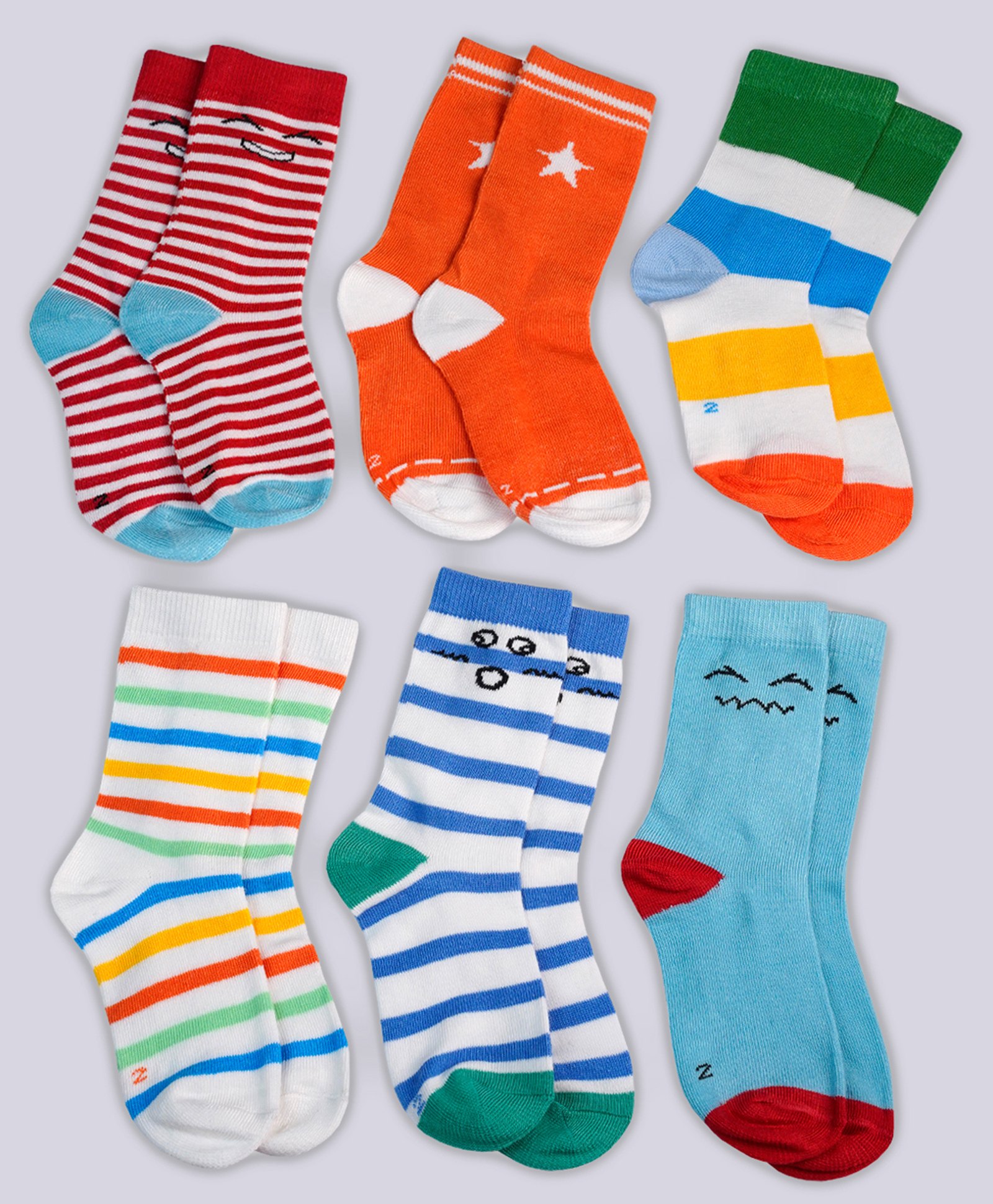 KUCHIPOO Pack Of 6 Star & Emoji Printed Socks - Red Orange Blue White & Green-image-27