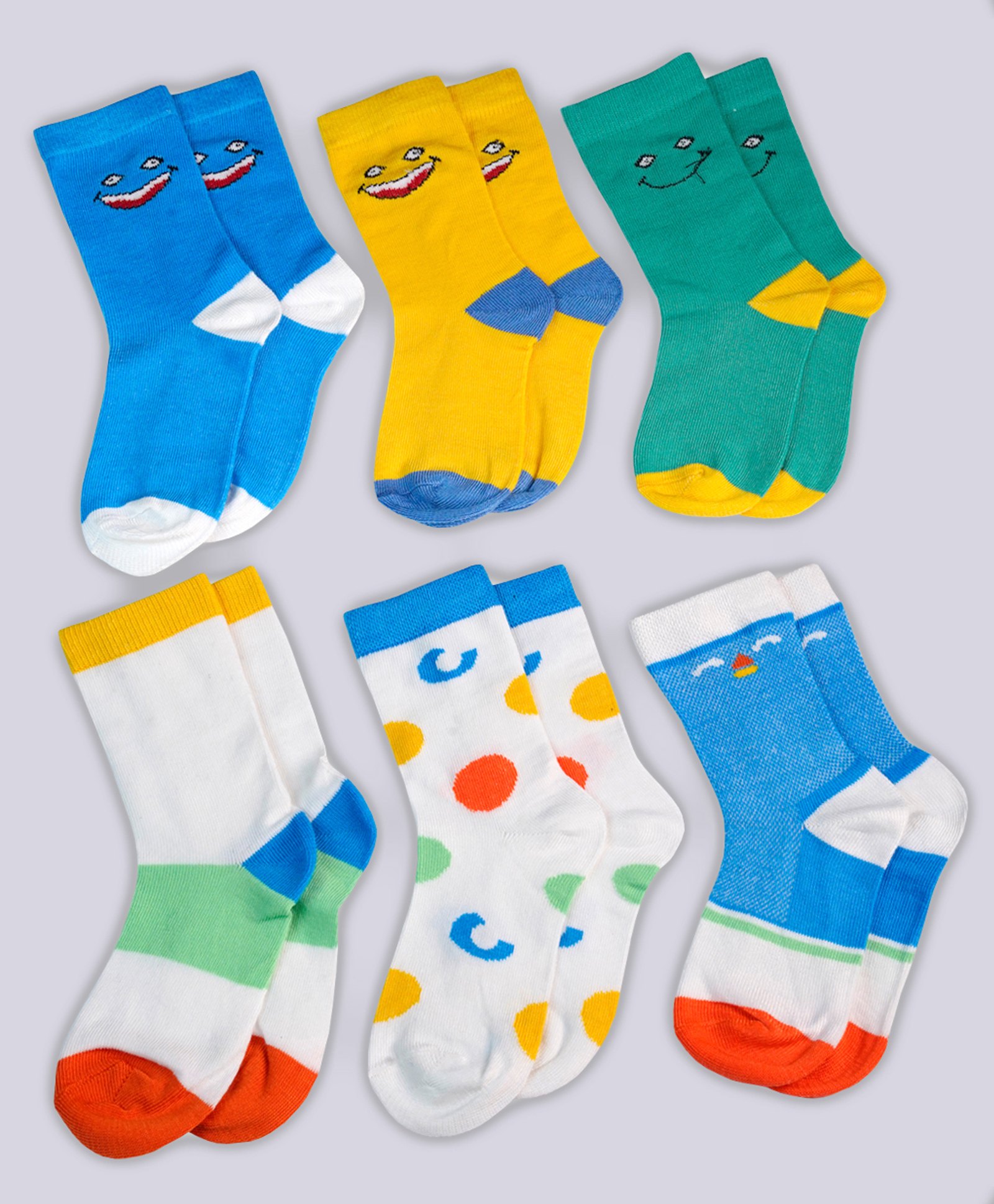 KUCHIPOO Pack Of 6 Emoji Printed Socks - Blue Yellow Green White & Orange-image-13