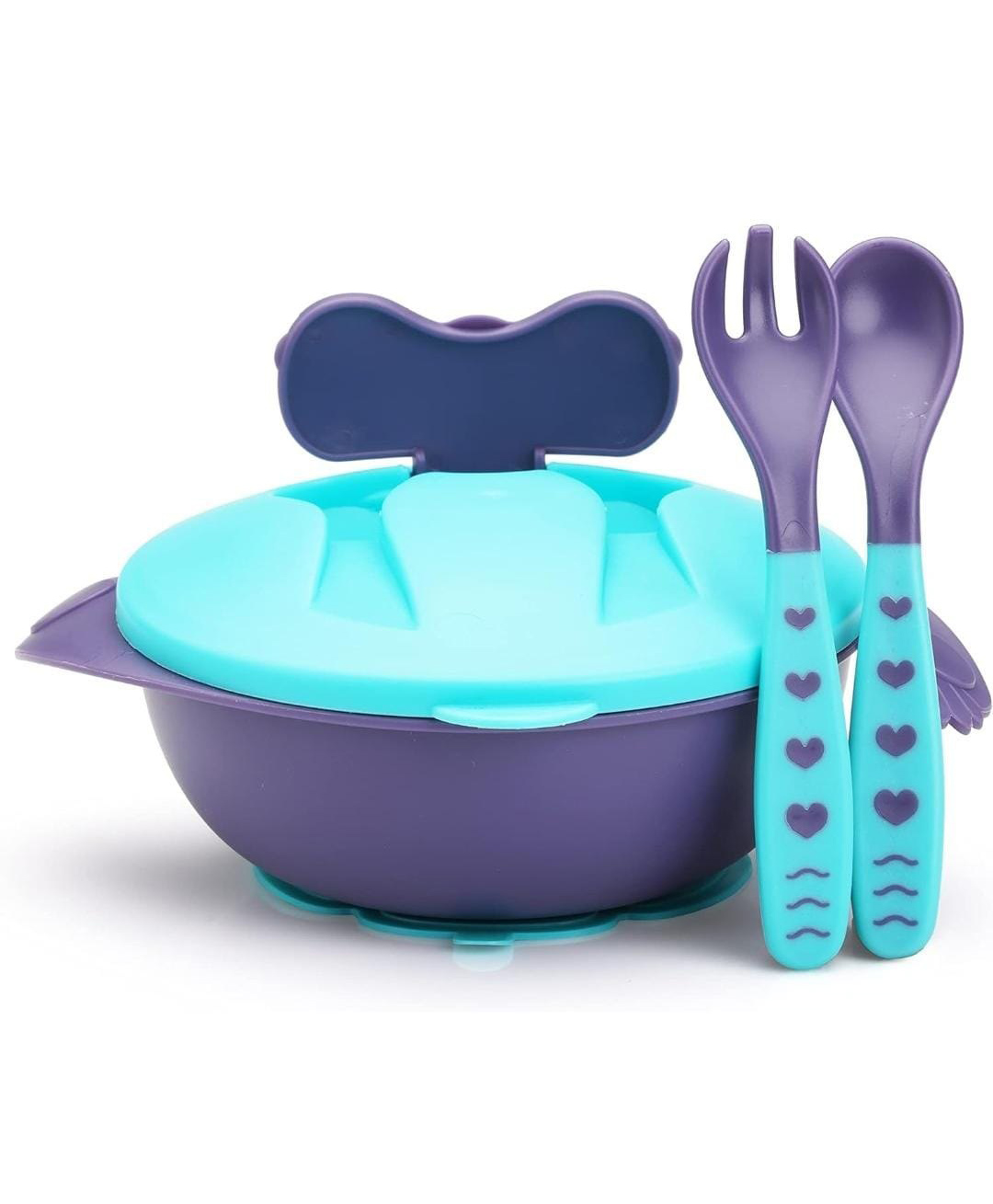 SKB Baby Feeding Bowl with Lid, Suction Cup, Spoon & Fork Set for Feeding & Weaning - Color & Design May Vary-image-2
