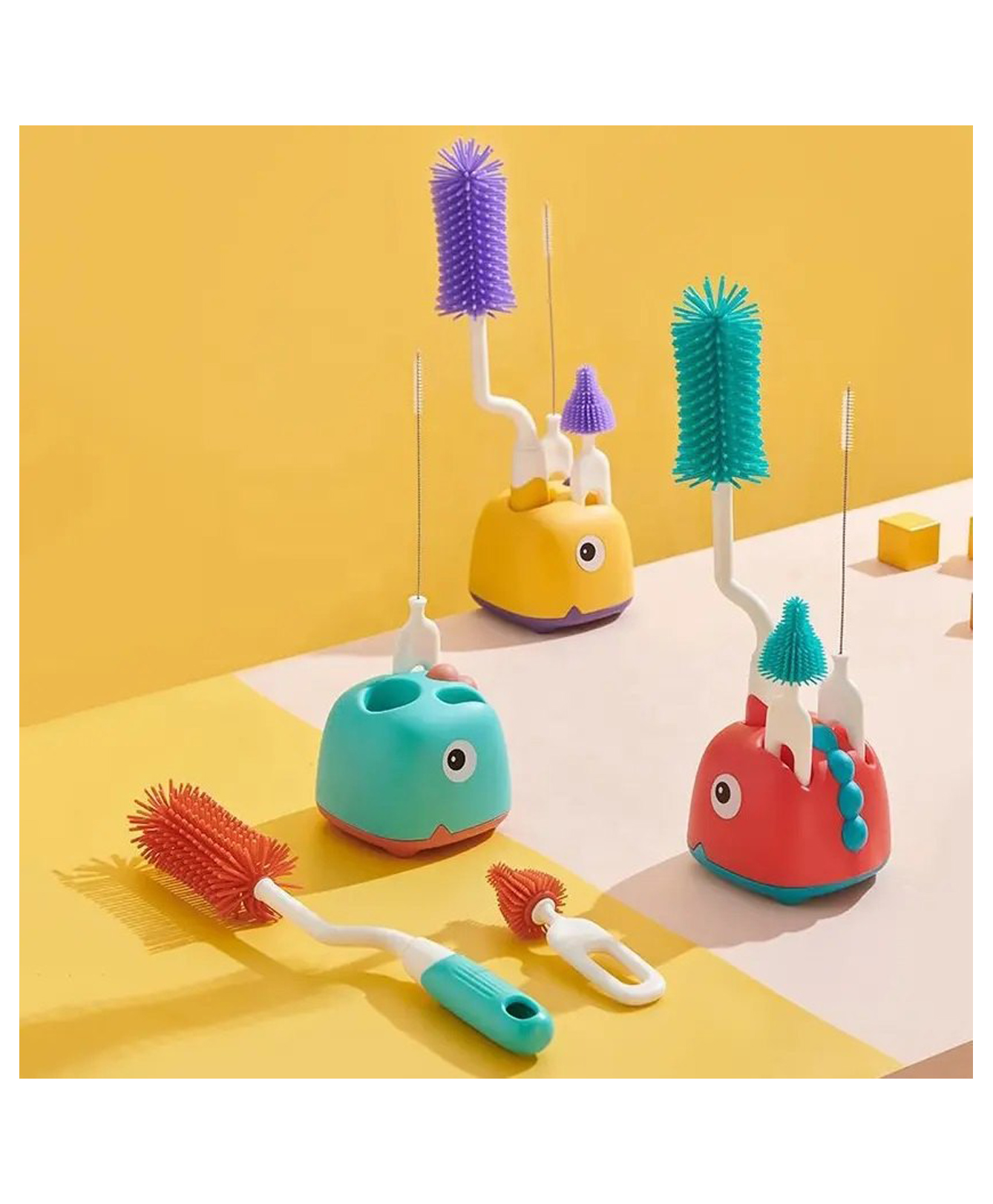 SKB Dino Design Scratch Free 4 in 1 Rotary Bottle and Teat Cleaning Brush Kit With Stand - Color & Design May Vary-image-36