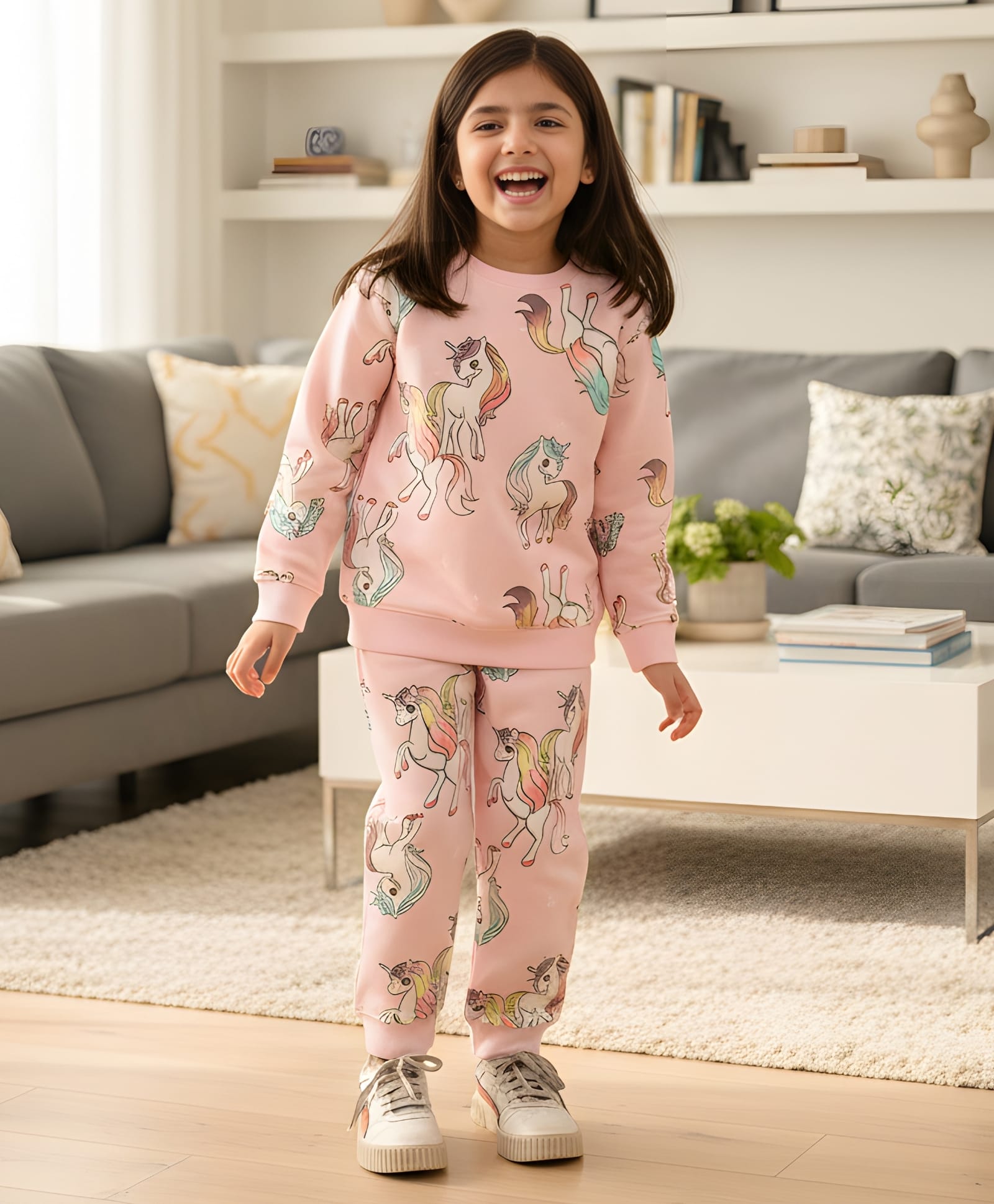 Anthrilo Fleece Full Sleeves Unicorn Printed Coordinating Sweatshirt With Joggers Set - Pink
