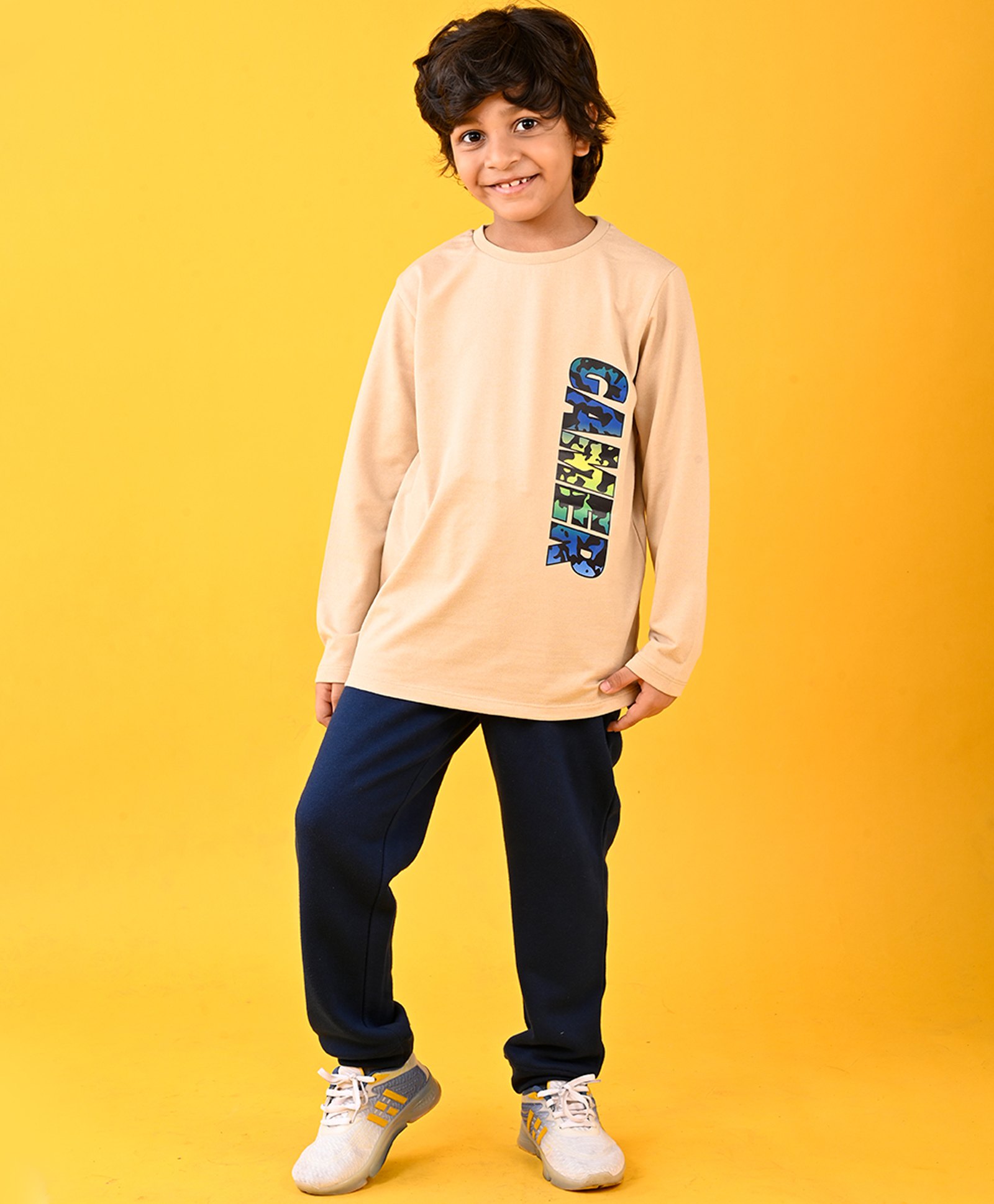 Anthrilo Cotton Blend Full Sleeves Gamer Text Printed Tee With Warm Fleece Solid Joggers Set - Beige & Navy-picture-17