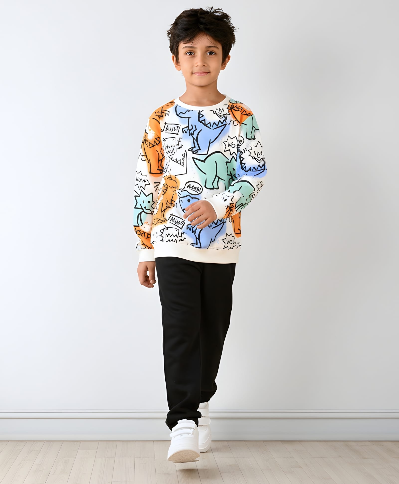 Anthrilo Cotton Blend Full Sleeves Dinosaurs Printed Sweatshirt With Warm Fleece Solid Joggers Set - White & Black-picture-19