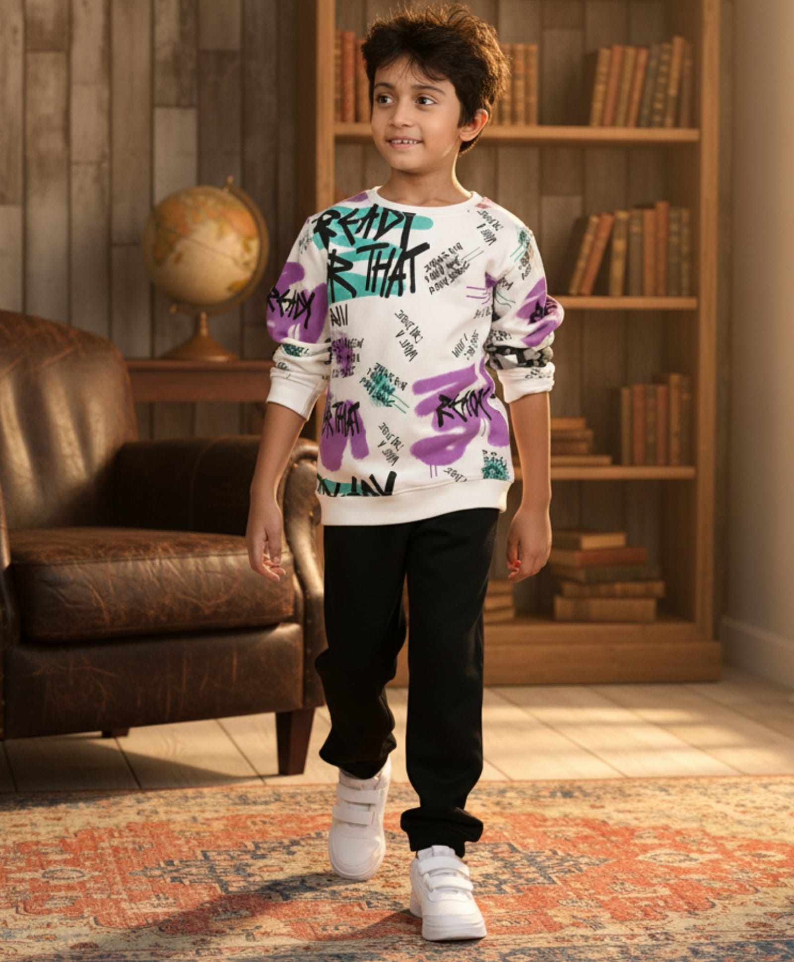 Anthrilo Cotton Blend Full Sleeves Text Printed Sweatshirt With Warm Fleece Solid Joggers Set - White & Black-picture-15