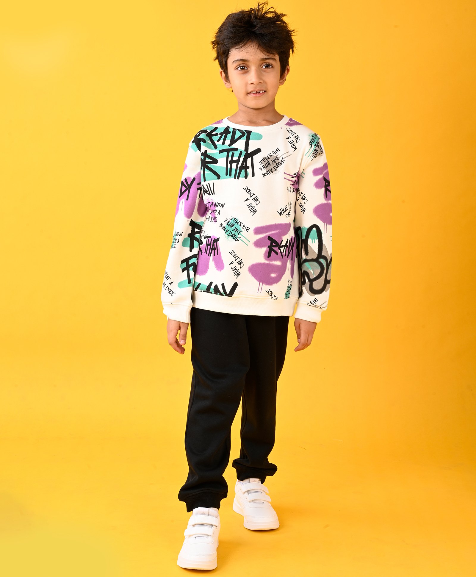 Anthrilo Cotton Blend Full Sleeves Text Printed Sweatshirt With Warm Fleece Solid Joggers Set - White & Black-picture-21