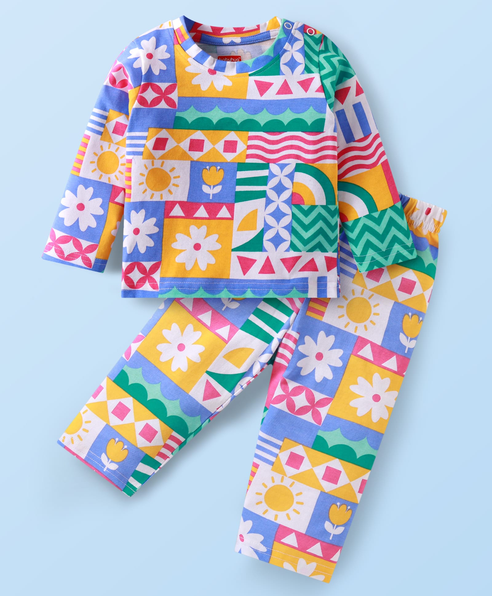 Babyhug Cotton Woven Full Sleeves Floral Printed Night Suit - Grey Blue & Yellow-image-40