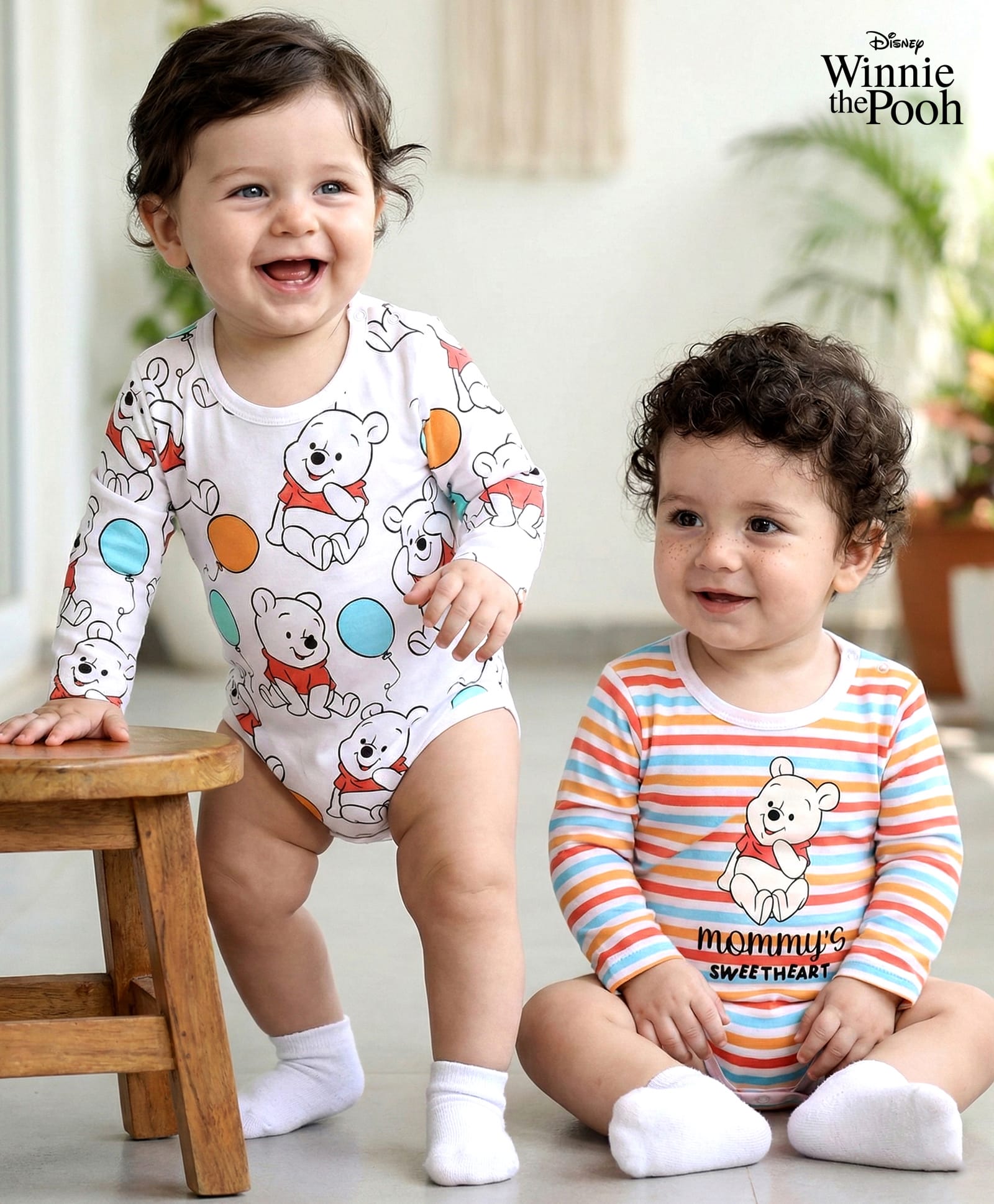 Babyoye Disney Interlock Knit Full Sleeves Onesies With Winnie The Pooh Graphics Pack of 2 - White & Red-picture-12
