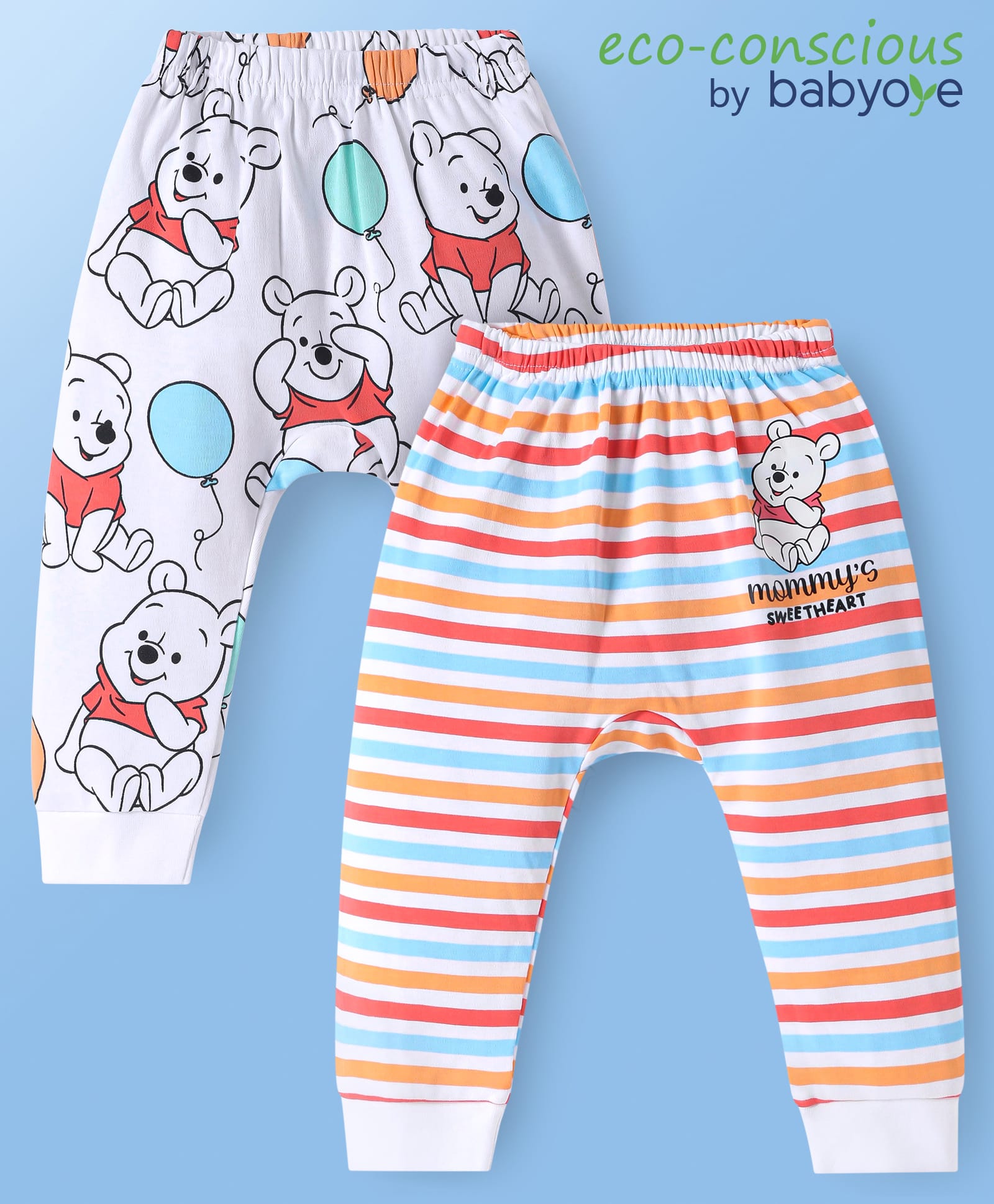 Babyoye DisneyCotton Knit Full Length Diaper Pants Striped & Winnie The Pooh Print Pack Of 2 - White & Light Blue-image-10