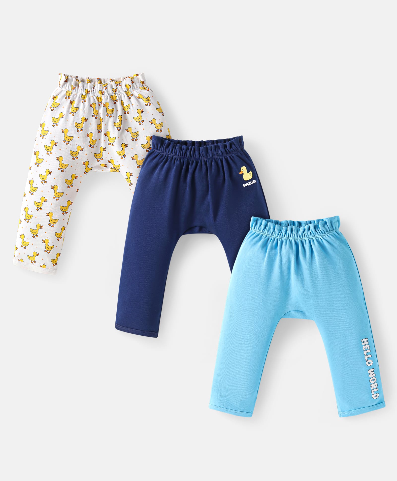 Doodle Poodle Interlock Cotton Knit Full Length Diaper Leggings With Duck Print Pack of 3 - Blue & White-picture-10