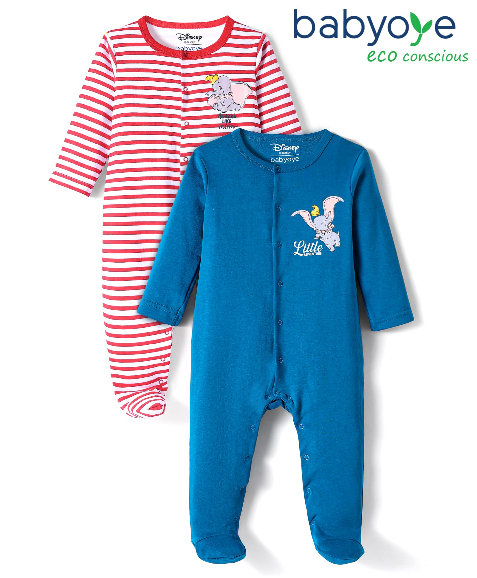 Babyoye Disney Interlock Full Sleeves Footed Sleepsuit With Dumbo Graphic Set Of 2 - Blue & Pink-image-42