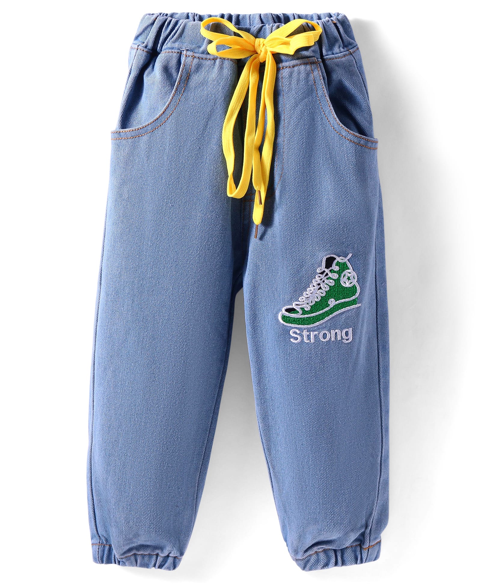 Kookie Kids Full Length Cotton Jeans With Shoes Embroidery - Blue-picture-17