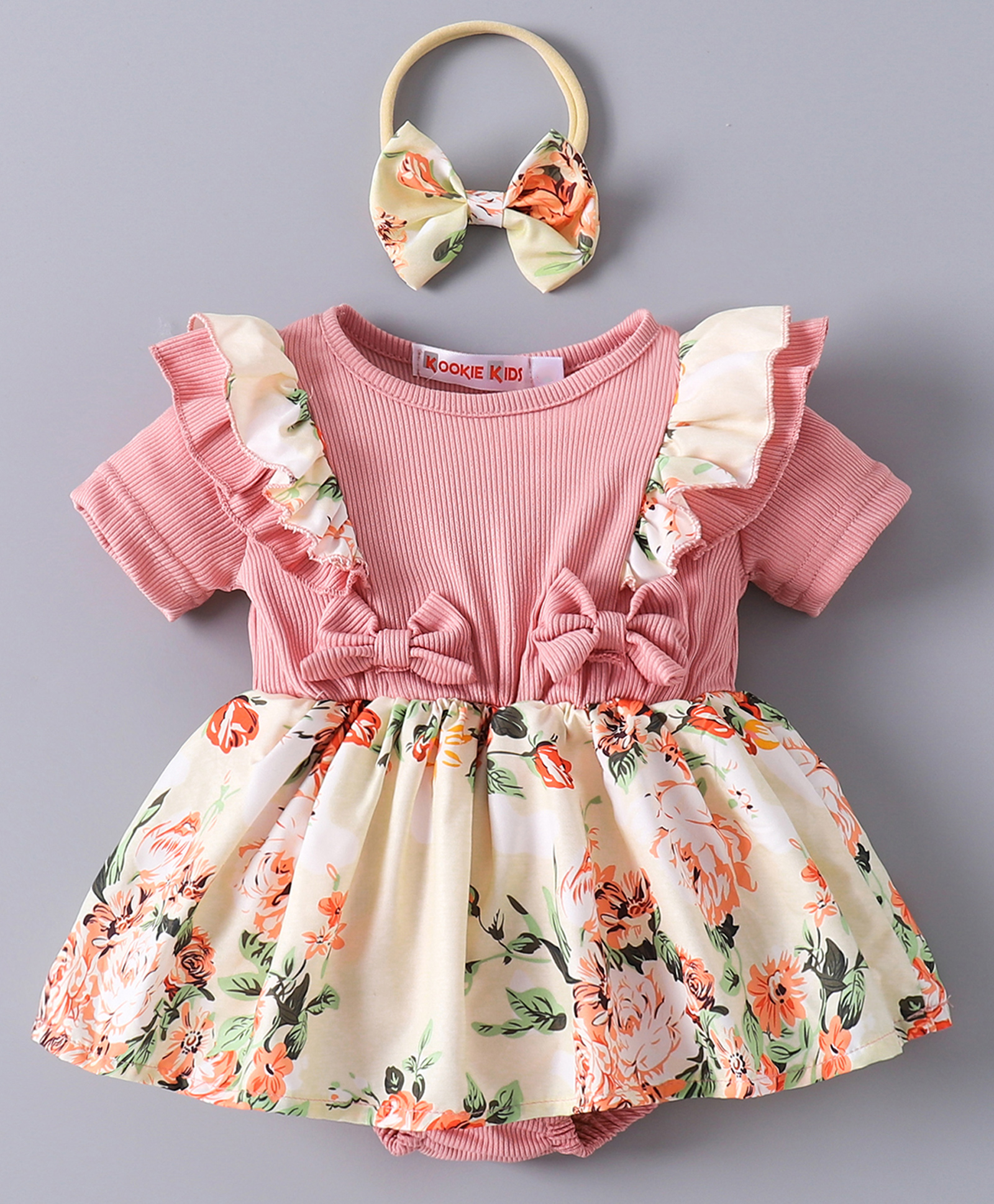 Kookie Kids Half Sleeves Floral Printed Frock Style Onesie with Headband & Bow Applique - Pink