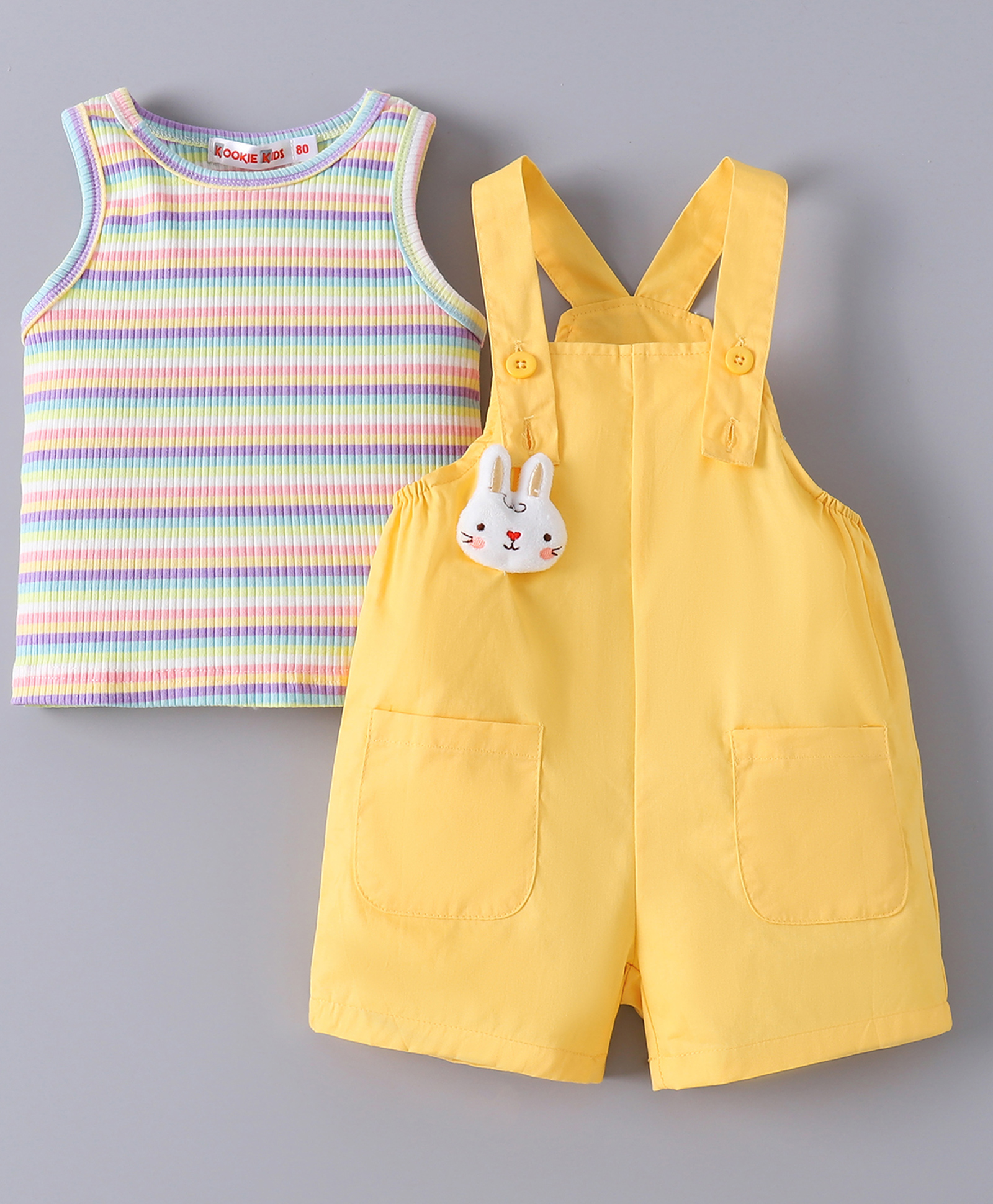 Kookie Kids Dungaree & Sleeveless Striped T-Shirt With Kitty Applique - Yellow-picture-28