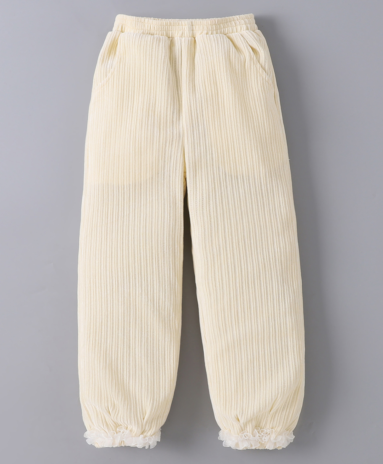 Kookie Kids Full Length Solid Colour Lounge Pant With Lace Detailing - Beige-picture-24