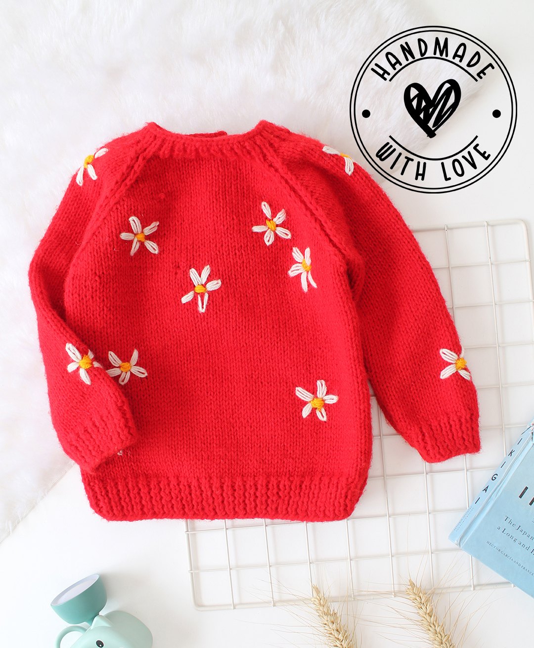 Woonie Full Sleeves Daisy Floral Embroidered Handknitted Sweater - Red-image-3