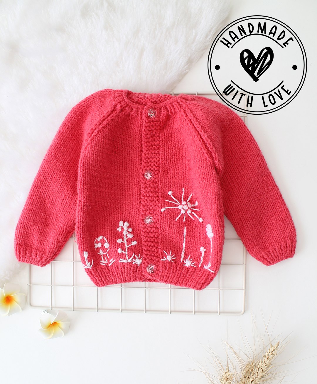 Woonie Full Sleeves Handknitted Floral Detailed Sweater - Pink-image-45