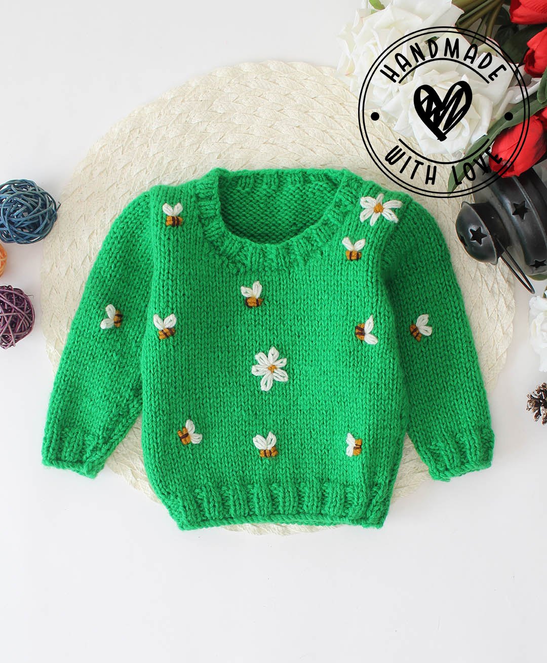 Woonie Full Sleeves Handknitted Bee & Flower Embroidered Sweater - Green-picture-24
