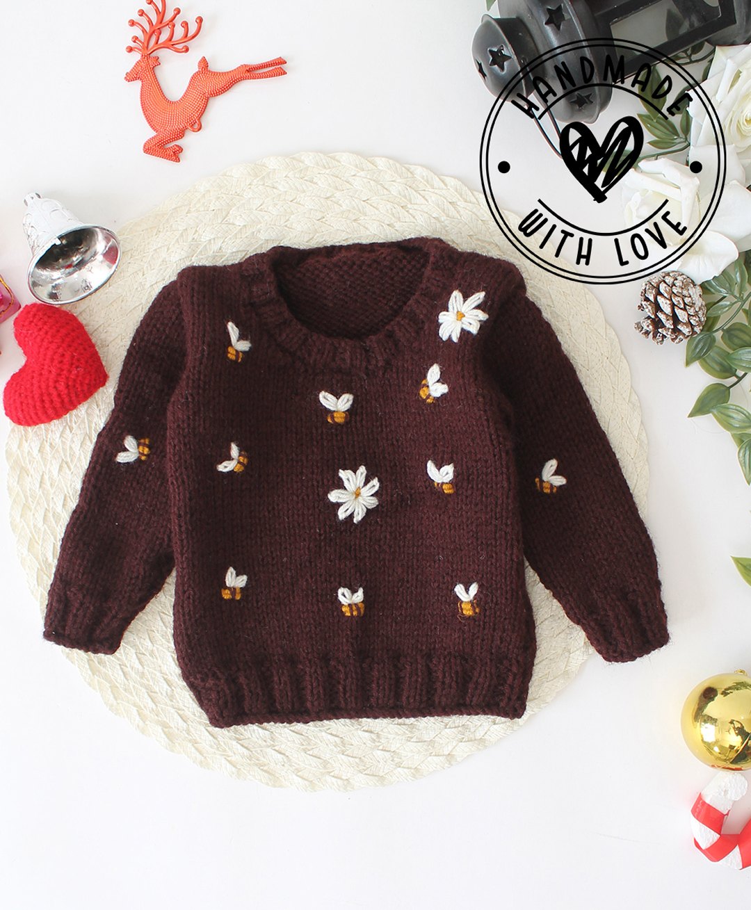 Woonie Full Sleeves Handknitted Bee & Flower Embroidered Sweater - Brown-image-19