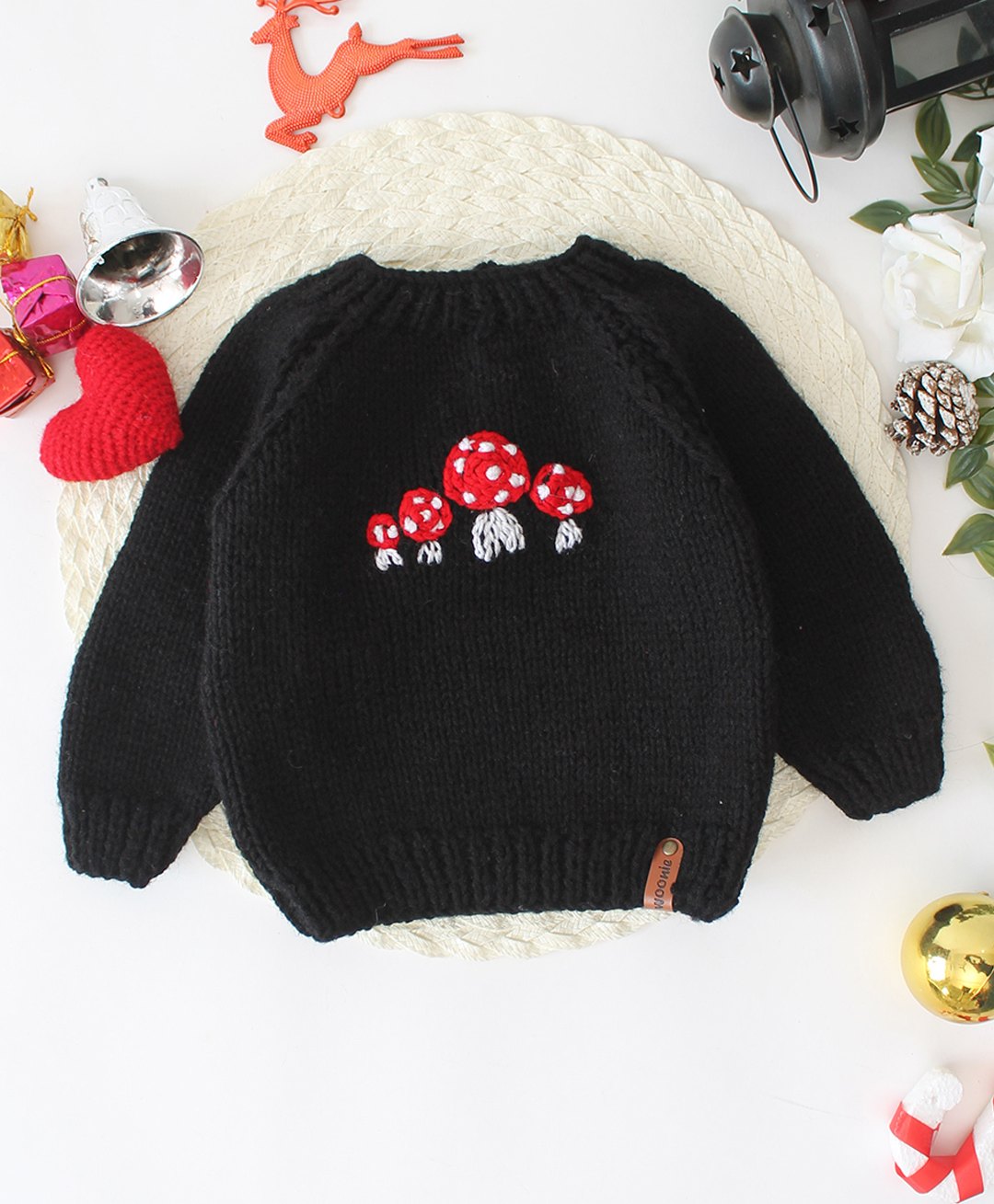 Woonie Full Sleeves Handknitted Mushroom Embroidered Sweater - Black-image-42