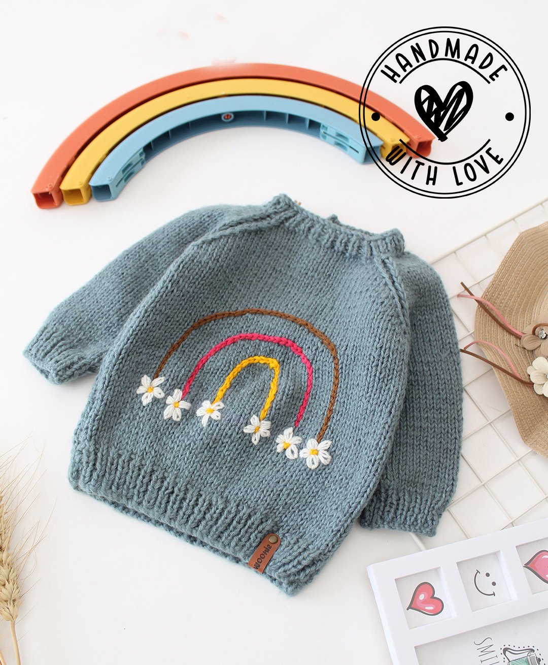 Woonie Full Sleeves Handknitted Flower & Rainbow Embroidered Sweater - Grey-image-24