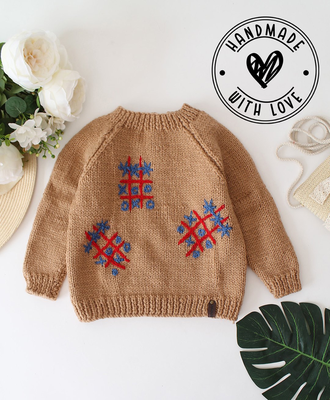 Woonie Full Sleeves Handknitted Tic Tac Toe Embroidered Sweater - Beige-image-24