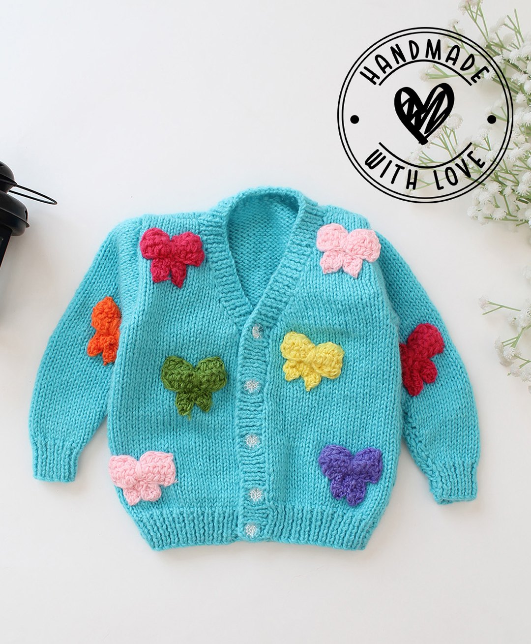 Woonie Hand Knitted Full Sleeves Bow Applique Detailed Cardigan - Blue-image-42