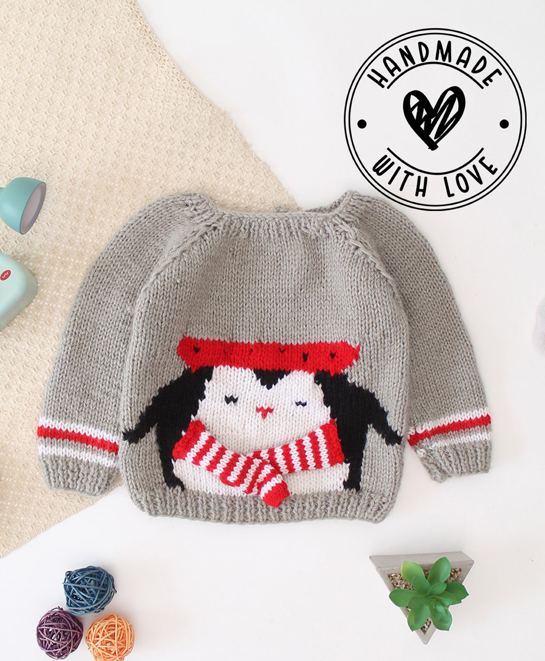 Woonie Hand Knitted Full Sleeves Penguin Designed Intarsia Sweater - Grey-image-4