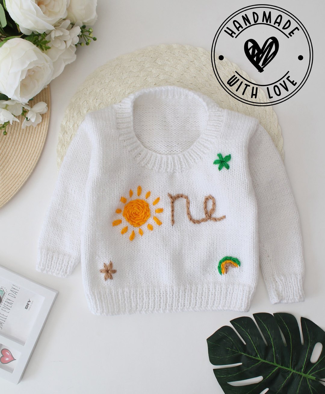 Woonie Full Sleeves Handknitted Sun & One Text Embroidered Sweater - Cream-picture-10