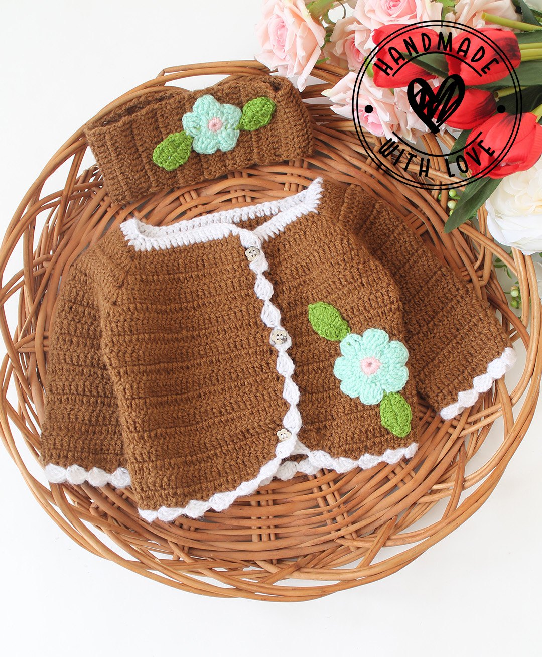 Woonie Full Sleeves Crochet Floral Applique Detailed Cardigan With Headband - Brown-image-45