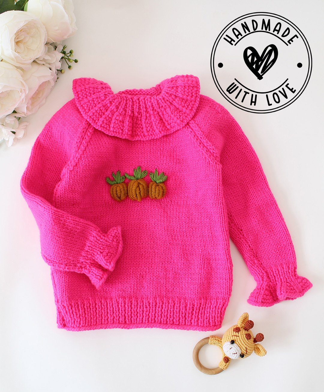 Woonie Full Sleeves Handknitted Pumpkin Embroidered Sweater - Pink-picture-14