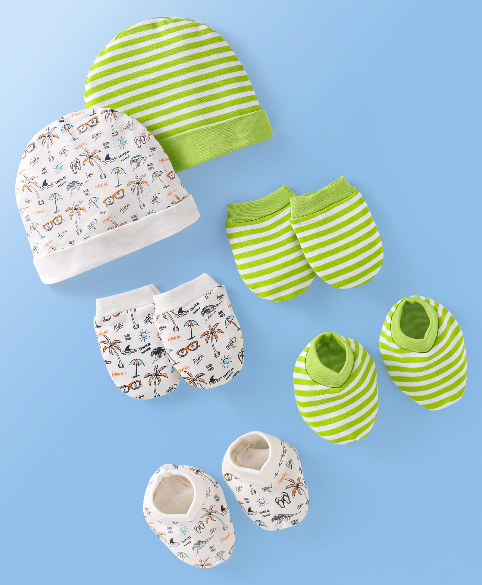 Doodle Poodle Interlock Knit Cap Mittens & Booties Set with Beach Theme Print White & Green Pack of 2 - Diameter 10 cm-image-9