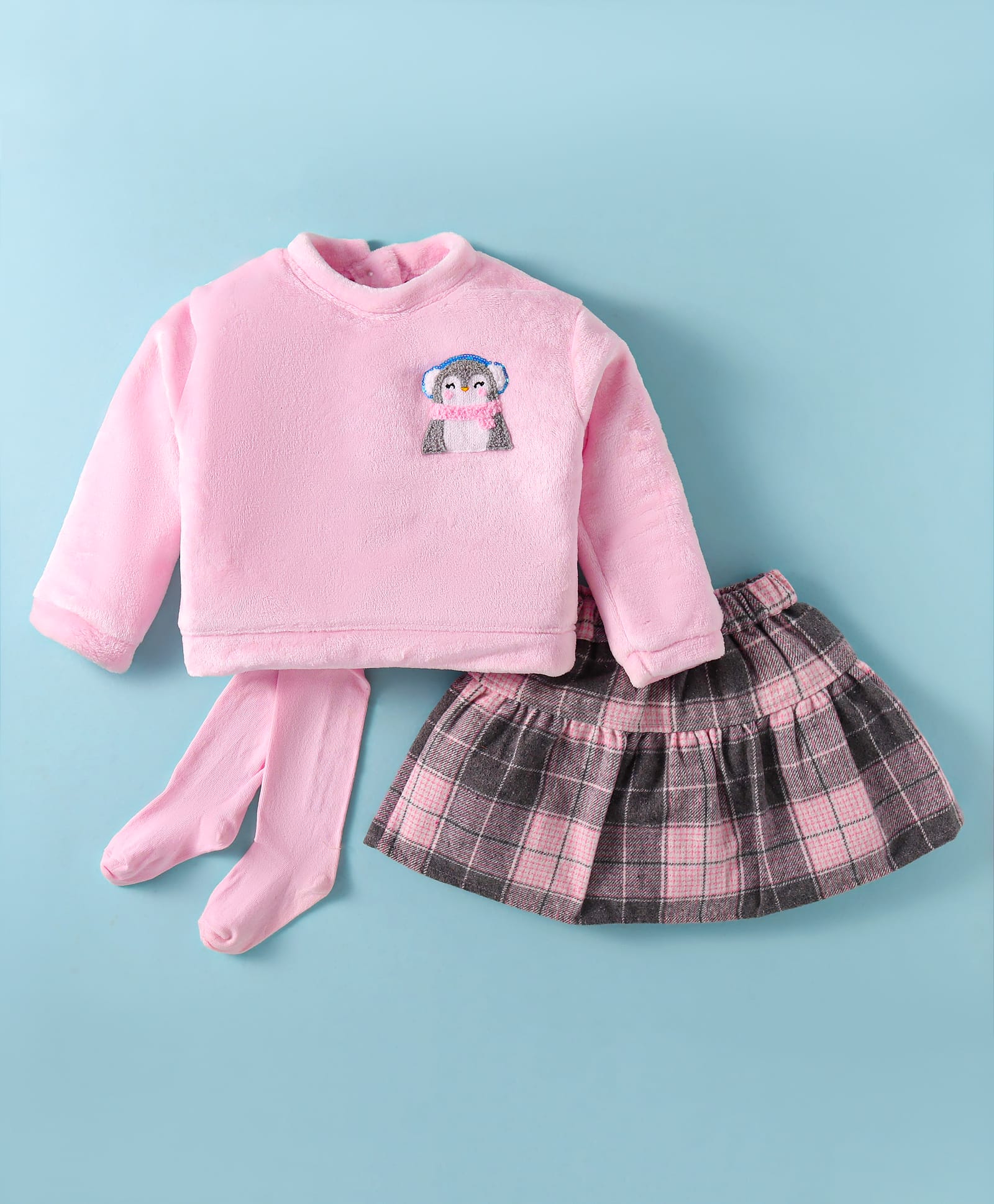 Little Kangaroos Woven Full Sleeves Winter Wear Sweatshirt & Checkered Skirt With Animal Embroidery & Stockings - Baby Pink-image-5