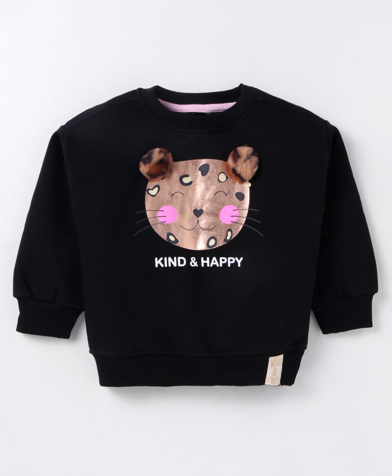 Little Kangaroos Cotton Knit Full Sleeves Sweatshirt with Foil Print & Pom Pom Applique - Black-image-31