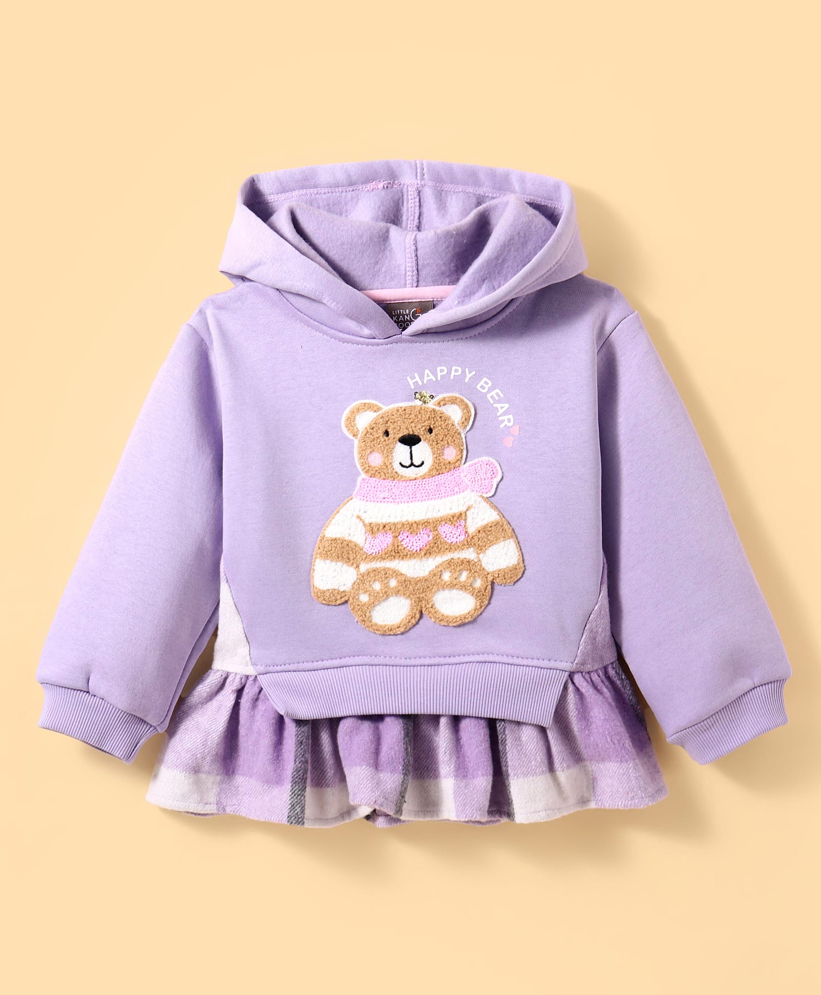 Little Kangaroos Fleece Knit Full Sleeves Bear Embroidered Hooded Overlap Sweatshirt - Lilac-picture-28
