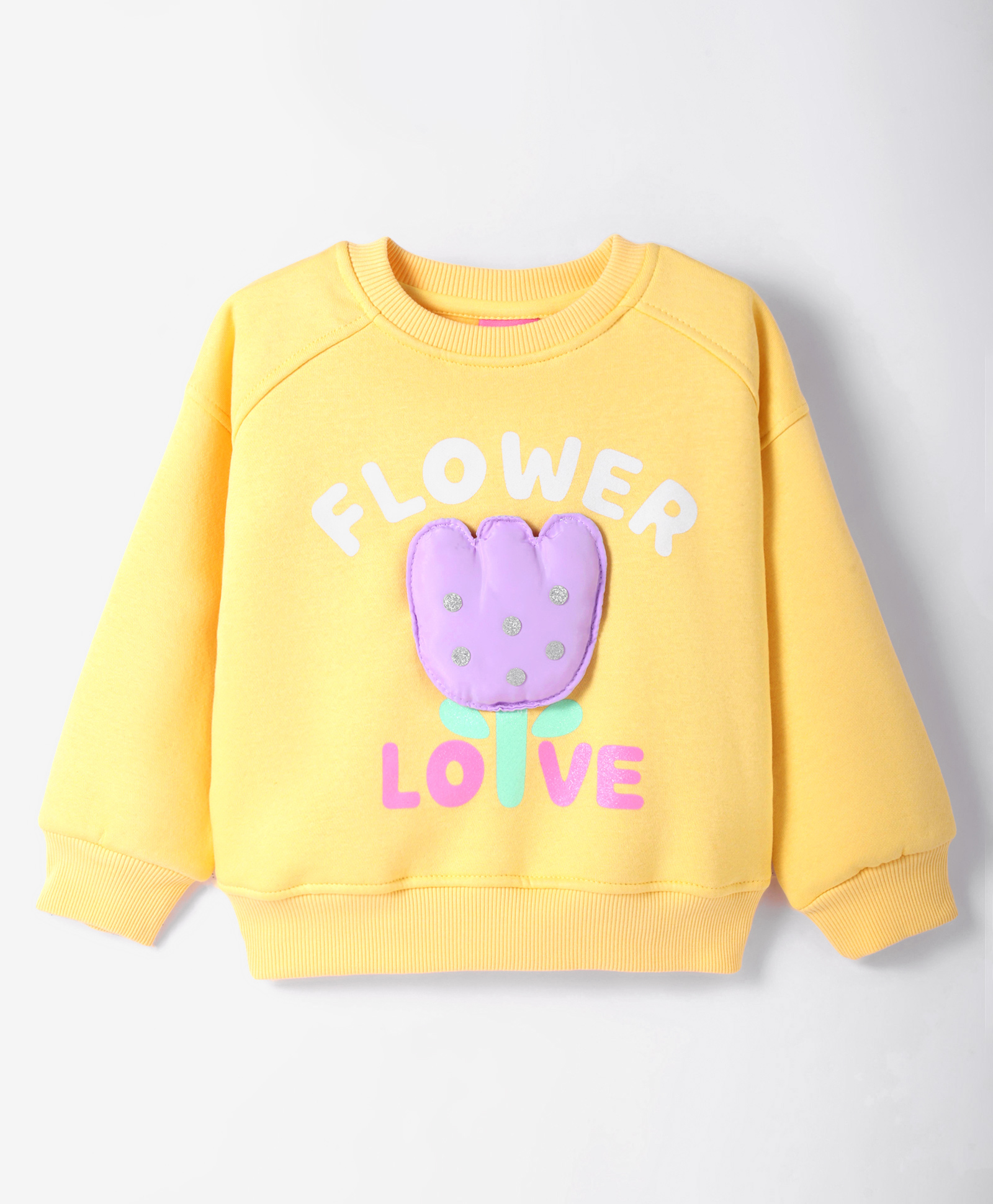 Little Kangaroos Fleece Knit Full Raglan Sleeves Sweatshirt with Text Print & Floral Applique - Mustard-image-17
