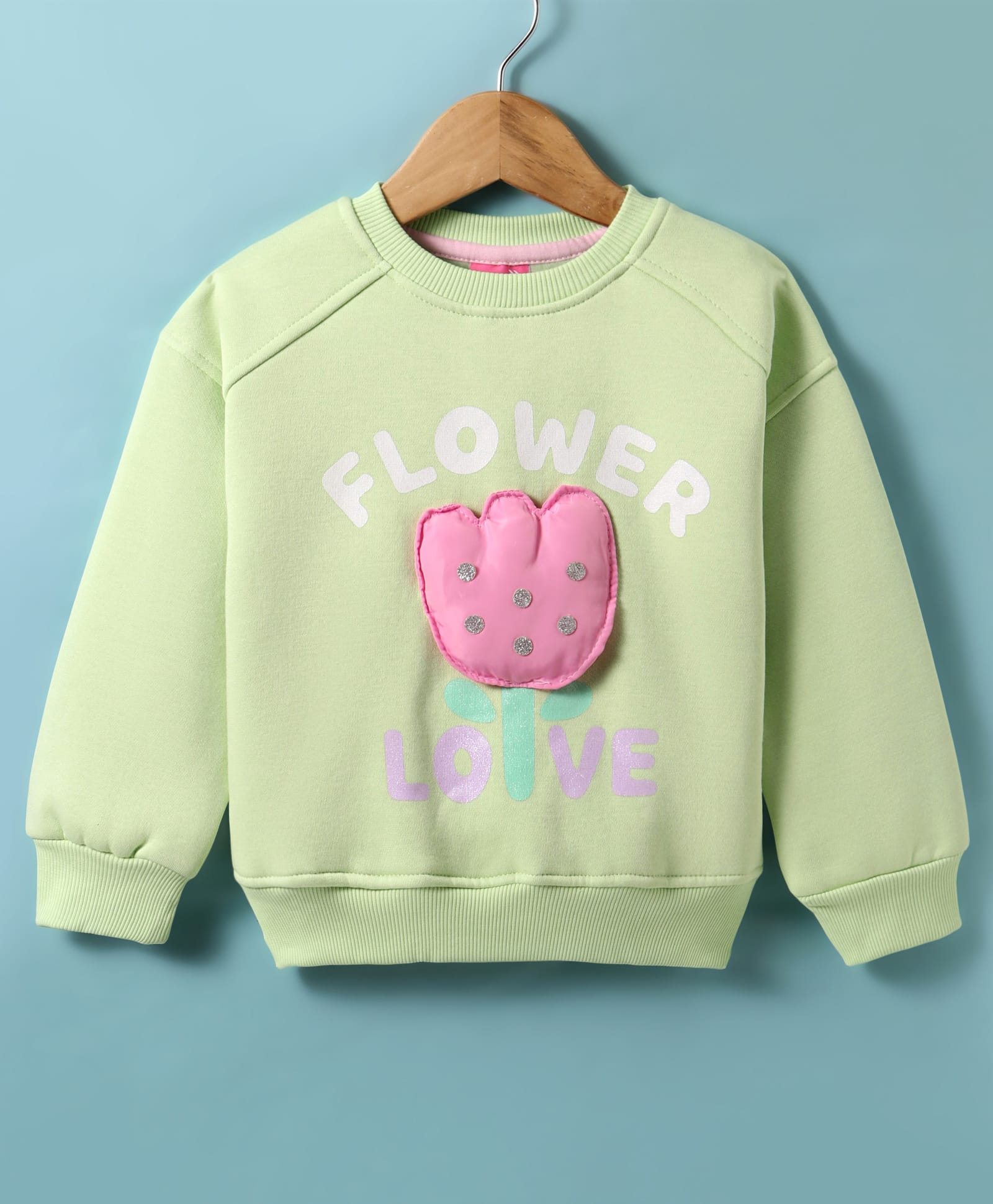 Little Kangaroos Fleece Knit Full Raglan Sleeves Sweatshirt with Text Print & Floral Applique - Lime Green-image-37