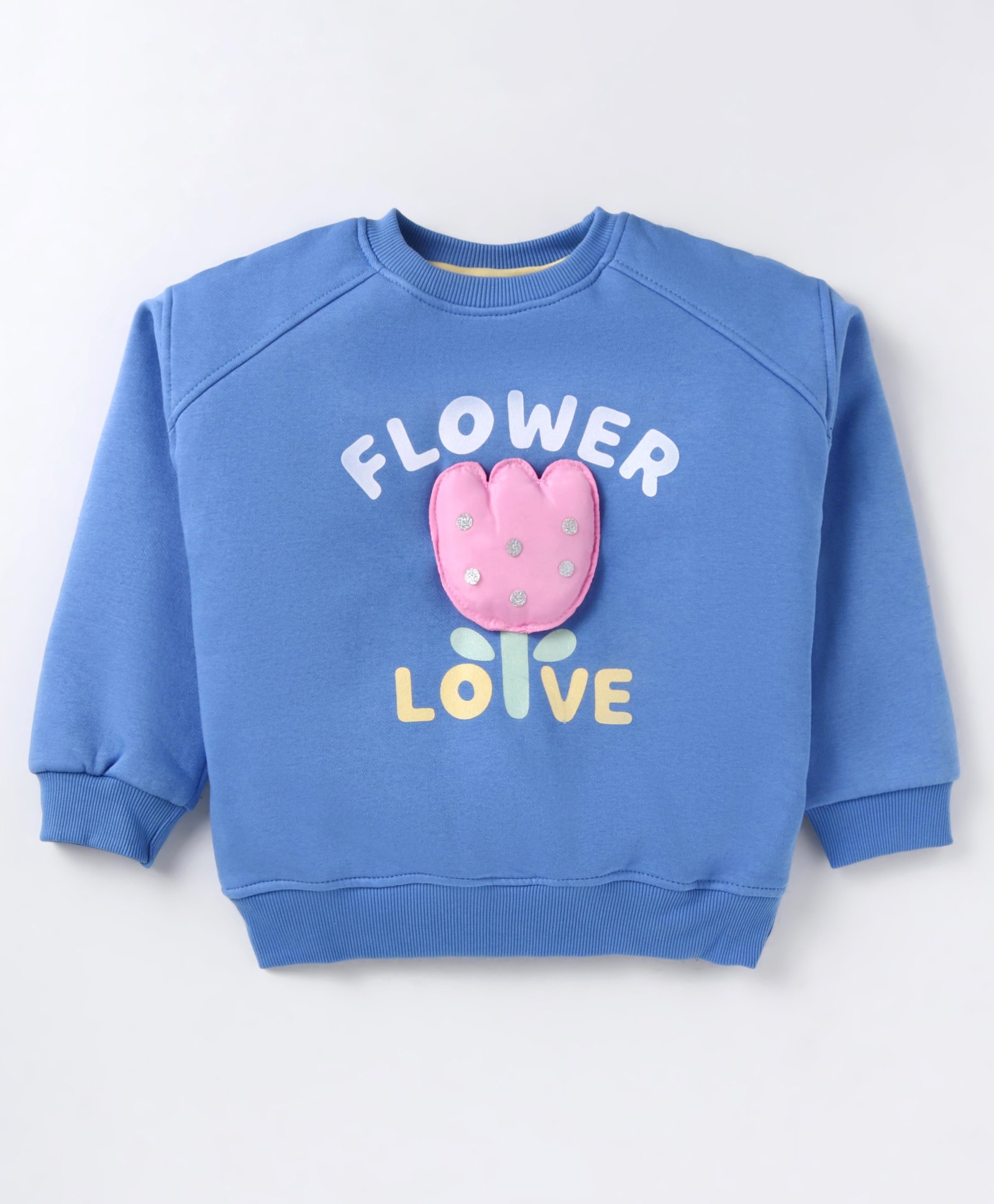 Little Kangaroos Fleece Knit Full Raglan Sleeves Sweatshirt with Text Print & Floral Applique - Royal Blue-image-48