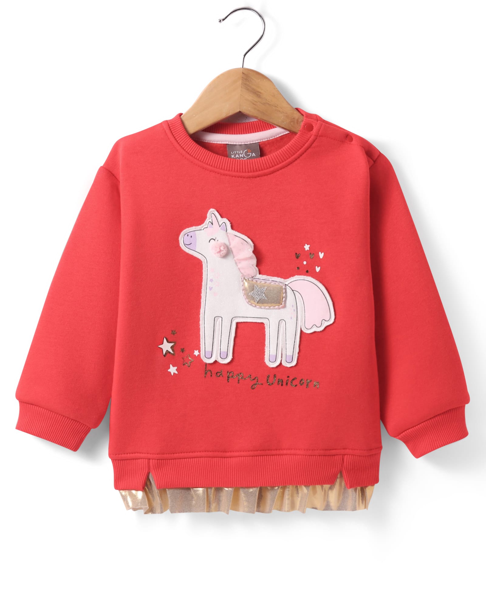 Little Kangaroos Fleece Knit Full Drop Shoulder Sleeves Sweatshirt With Unicorn Patch - Coral-picture-15
