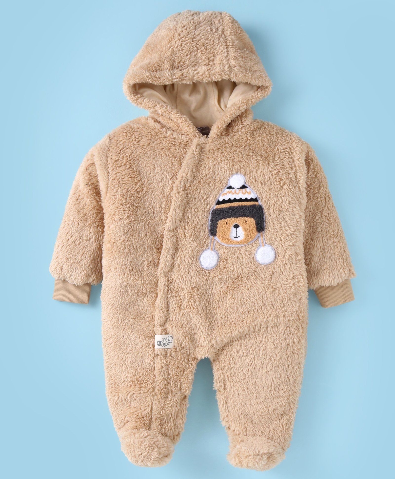Little Kangaroos Winter Wear Hooded Romper With Bear Applique - Tan-image-25