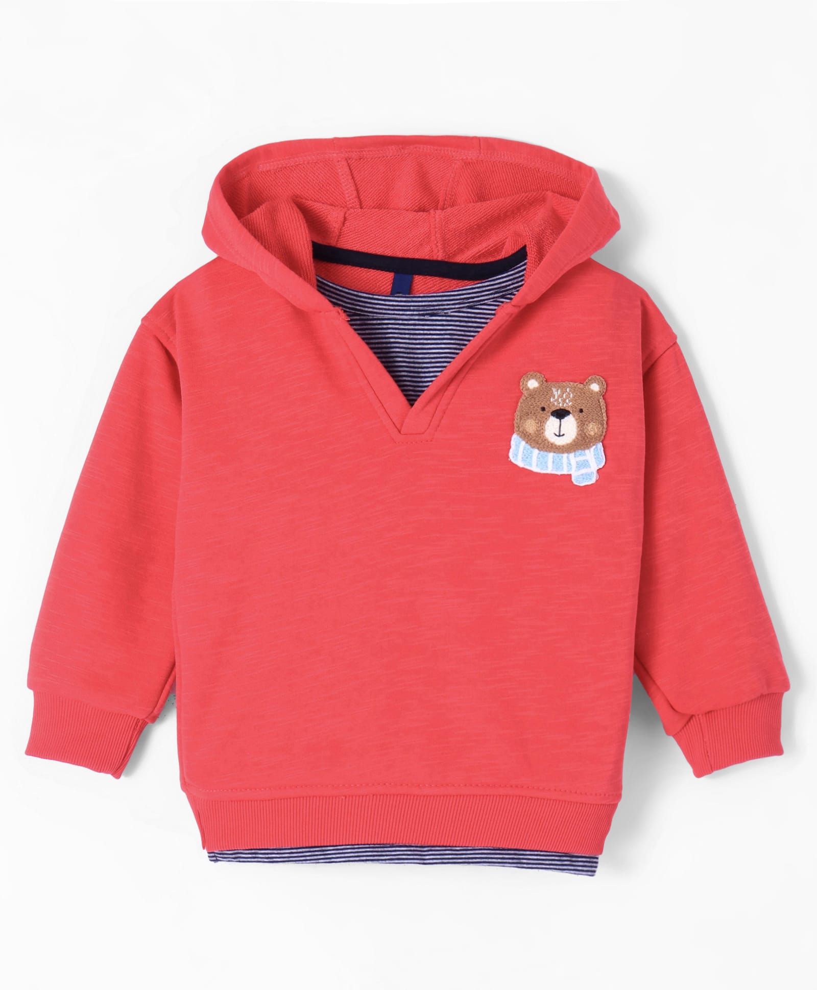 Little Kangaroos Fleece Knitted Full Sleeves Bear Embroidered Hooded Sweatshirt - Red-image-43