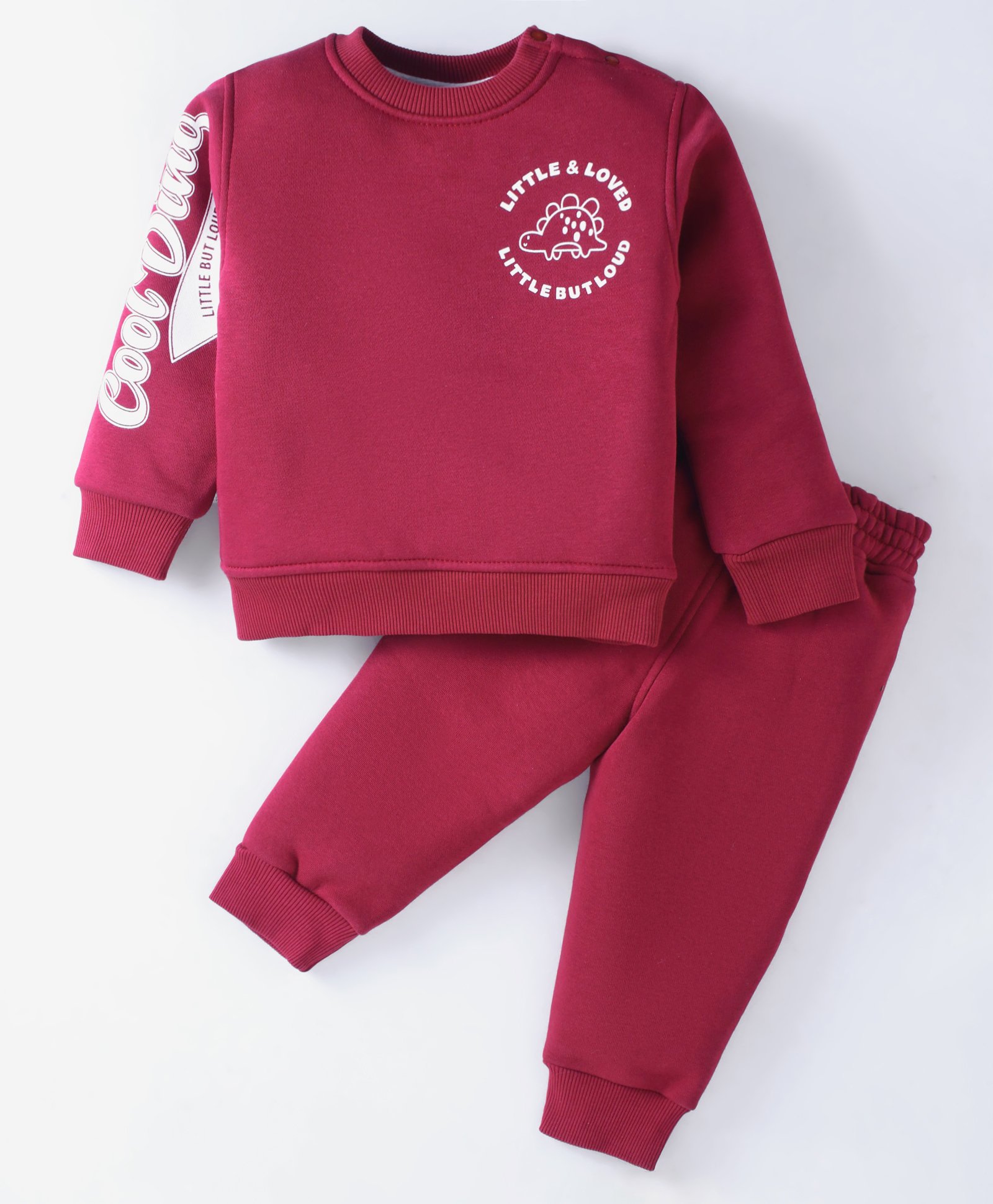 Little Kangaroos Fleece Knit Full Sleeves Text Printed Winter Wear Sweatshirt & Joggers Set - Dark Red-image-10