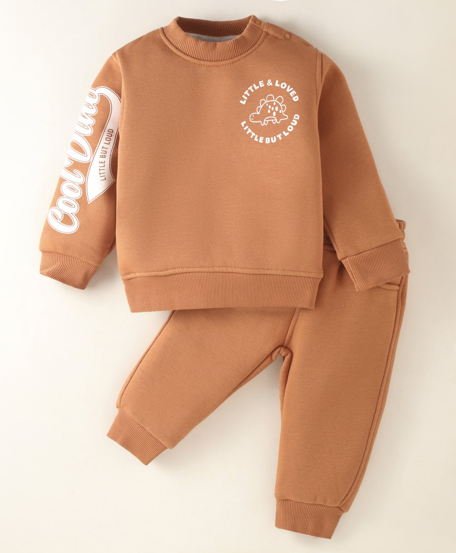 Little Kangaroos Fleece Knit Full Sleeves Text Printed Winter Wear Sweatshirt & Joggers Set - Tan-image-18
