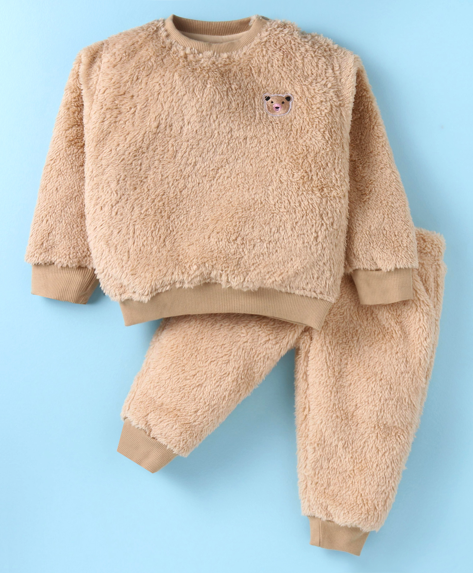 Little Kangaroos Fur Knit Full Sleeves Winter Wear Co-Ord Set With Bear Embroidery Detail - Light Brown-image-15