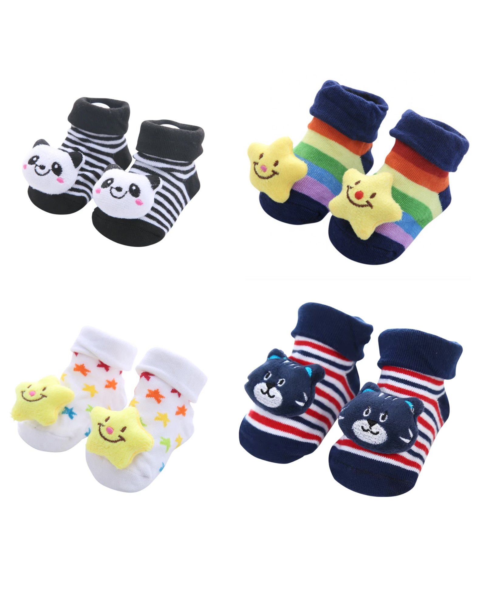 MumsLap Cotton Pack Of 4 Animals & Star Designed Striped Anti Skid Socks - Multi Colour-picture-16