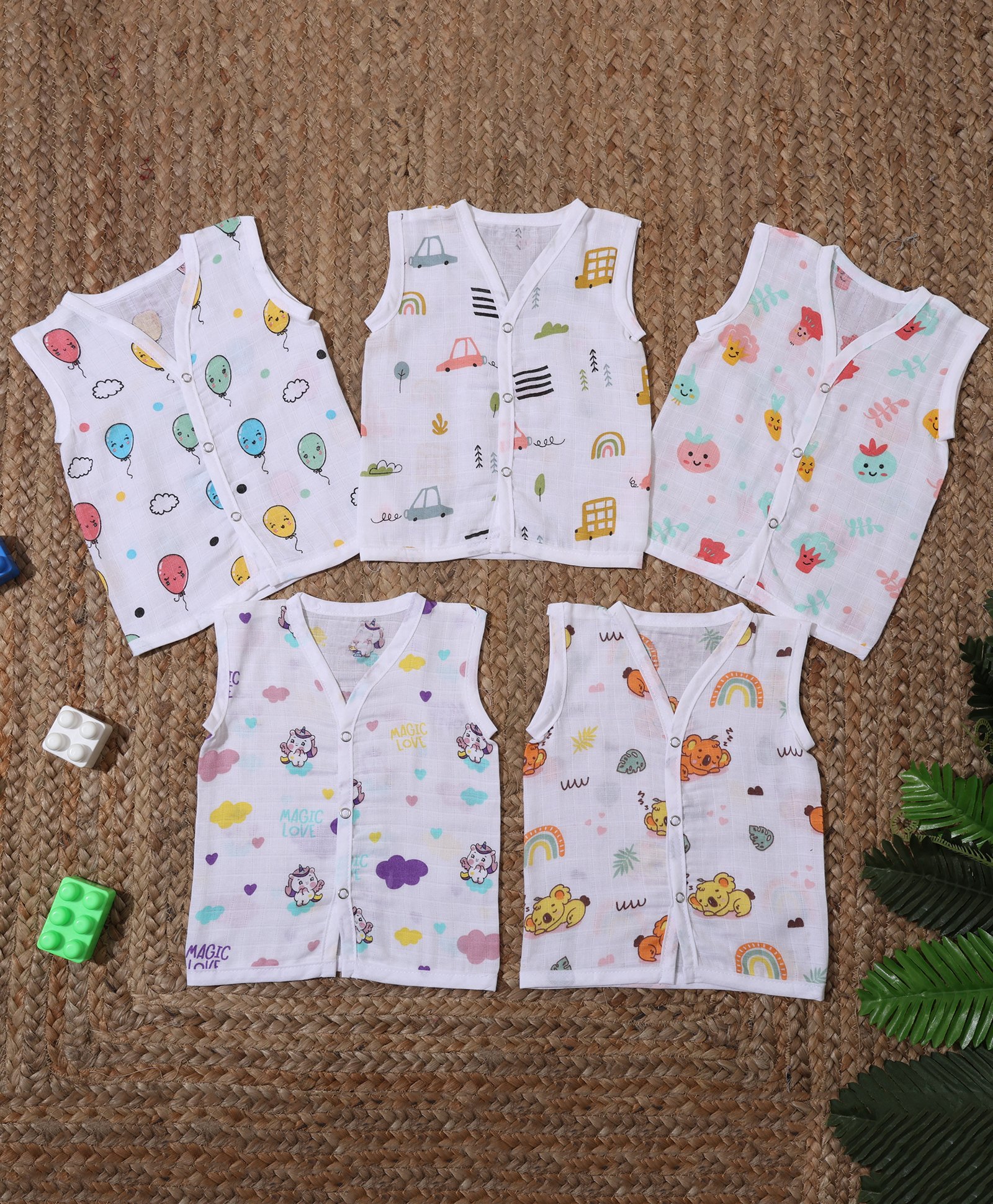 MumsLap 100% Organic Muslin Cotton Pack Of 5 Sleeveless Animals & Vehicles Printed Printed Jhablas - White-picture-9