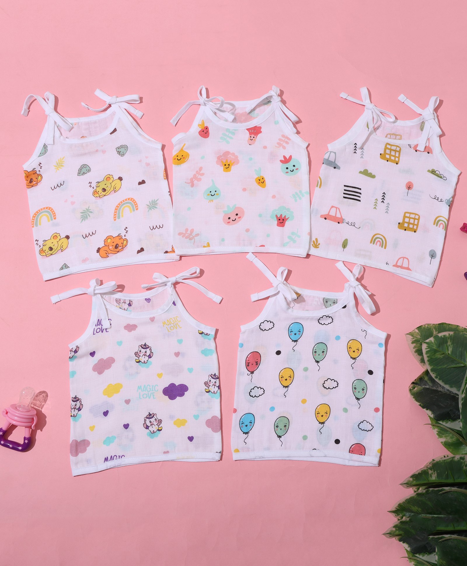 MumsLap 100% Organic Muslin Cotton Pack Of 5 Sleeveless Animals & Vehicles Printed Jhablas - White-image-24