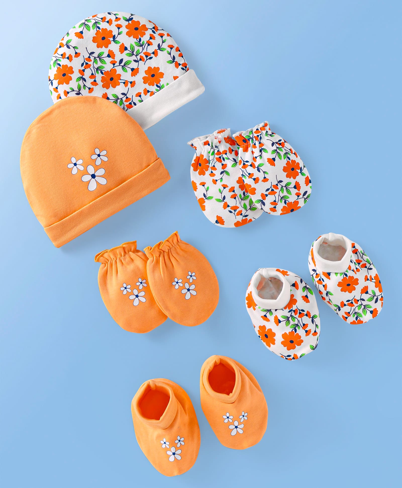 Doodle Poodle Interlock Knit Cap Mittens & Booties Set with Floral Print Orange & White Pack of 2 - Diameter 10 cm-image-31