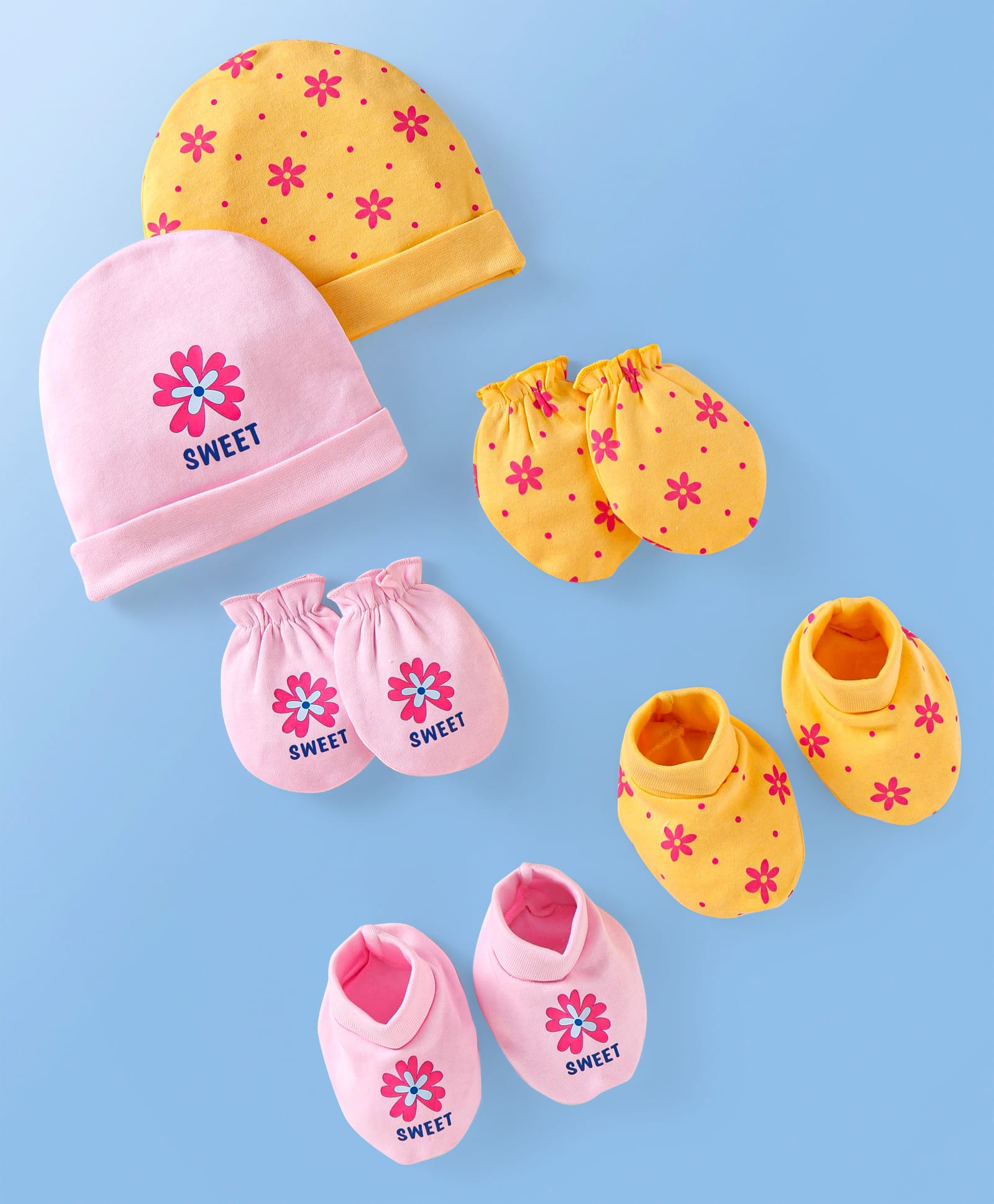 Doodle Poodle Interlock Knit Cap Mittens & Booties Set with Floral Print Yellow & Pink Pack of 2 - Diameter 10 cm-image-12