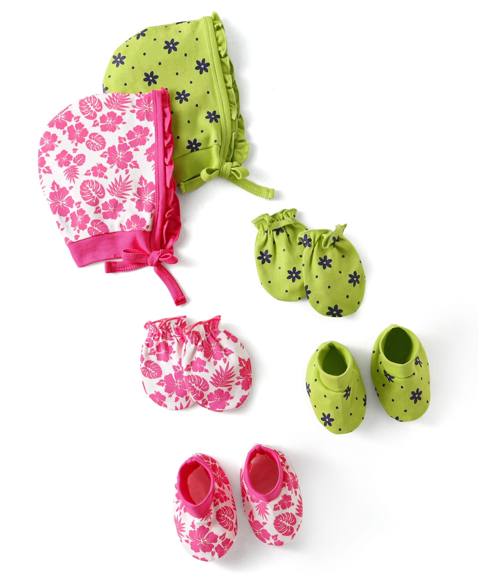 Doodle Poodle Interlock Knit Cap Mittens & Booties Set with Floral Print Pack of 2 White & Lime Green - Diameter 14 cm-image-19